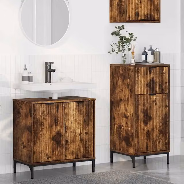 Set di mobili per il bagno moderno vidaXL in legno e metallo color marrone con ante a cerniera e ripiani interni L/P/H: 61,0 x 35,5 x 60,5 cm