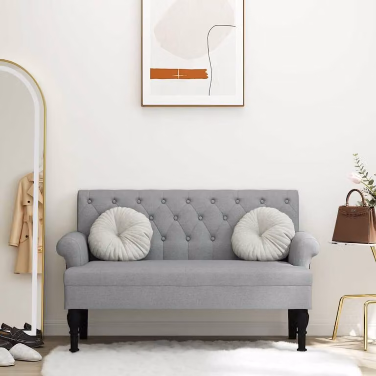 Panca con schienale vidaXL in tessuto grigio con struttura in legno e plastica, L 120 cm x P 62 cm x H 75,5 cm