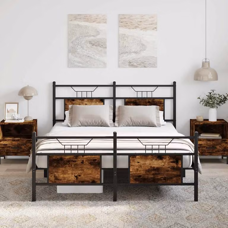 vidaXL Giroletto senza Materasso in Rovere Fumo e Metallo, L/P/H: 140 x 190 x 91,5 cm