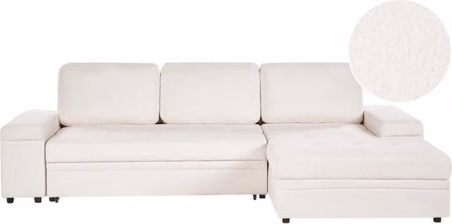 Divano letto angolare Beliani in tessuto Bouclé bianco con contenitore e orientamento a sinistra
