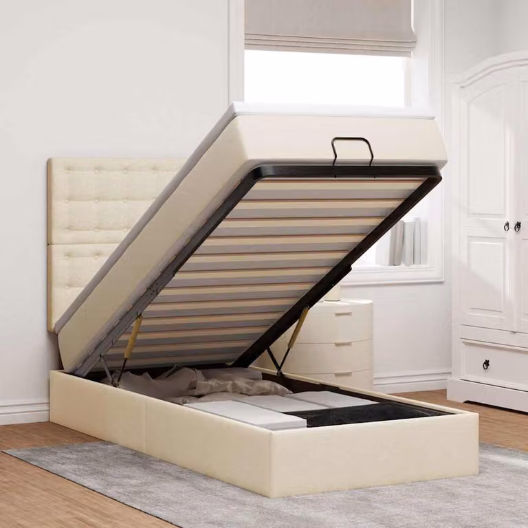 Letto moderno vidaXL con base contenitore a sollevamento, materasso a molle e illuminazione sottostante, colore beige e bianco, L: 200 cm, P: 140 cm, H: 128 cm