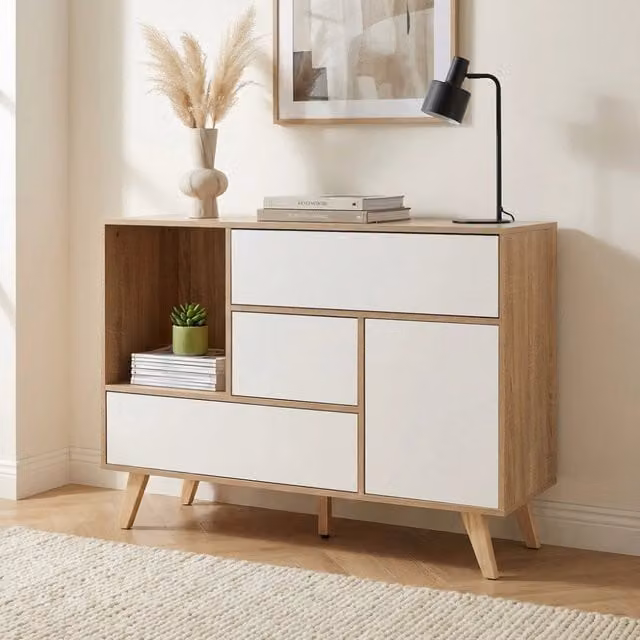 Mobile Soggiorno Basso Cosma Bianco e Grigio con 1 Anta e 3 Cassetti L: 119 cm, H: 85,6 cm, P: 39,5 cm