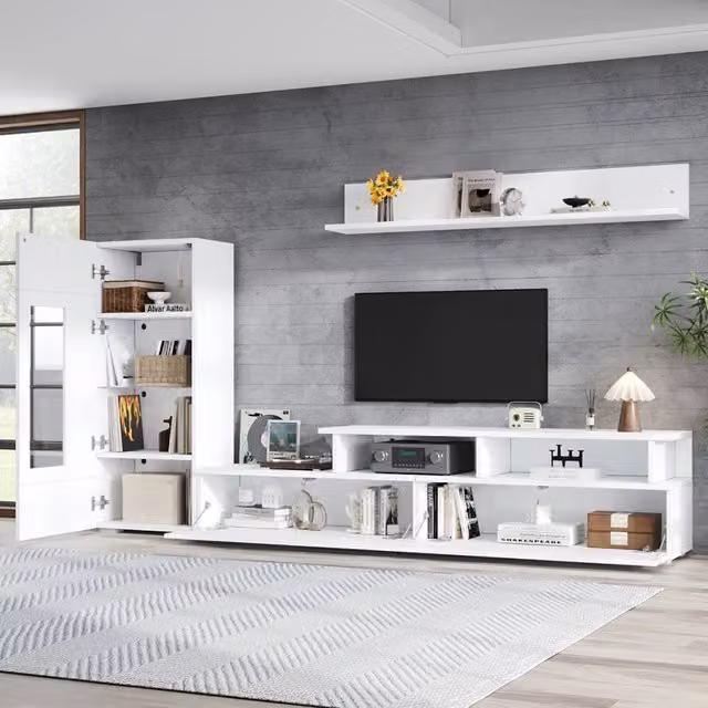 Set moderno da soggiorno MIVRAY in bianco lucido con mobile TV, vetrina con ante in vetro e mensola con illuminazione LED integrata