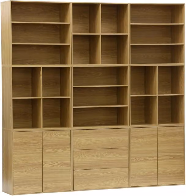Libreria modulare Sweeek in legno con 9 elementi, colore quercia marrone, da appendere a parete, H: 210 cm, L: 131,35 cm, P: 35 cm
