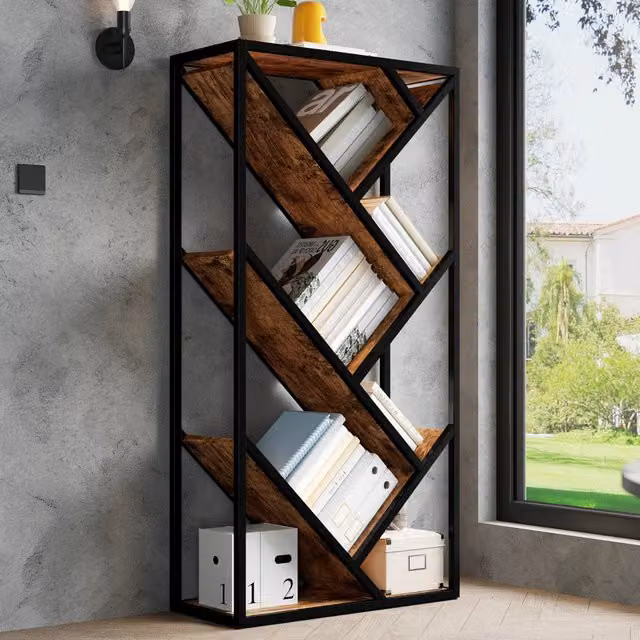 Libreria ad Albero Angolare Minimal con 8 Ripiani in Legno, Metallo e MDF, Colore Nero e Marrone, H 160 x L 80 x P 35 cm