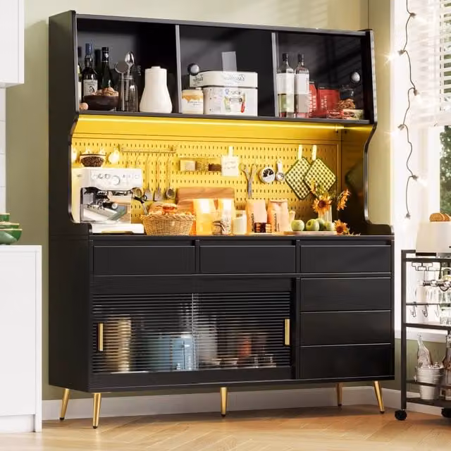 Mobile contenitore moderno con ante scorrevoli in vetro, MDF e metallo nero con illuminazione LED controllabile via app, L: 145 cm, P: 39 cm, H: 171 cm