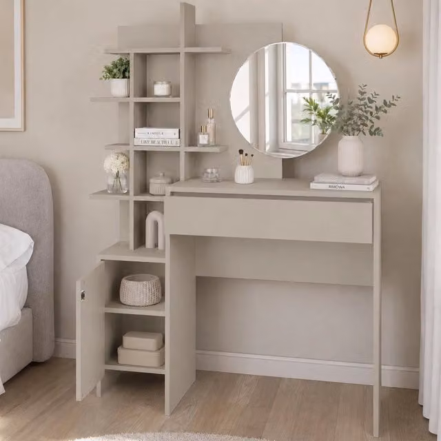 Postazione Make Up Veriaffari con Specchio Rotondo e Mensole, Colore Sabbia, L: 105 cm, P: 35 cm, H: 151 cm
