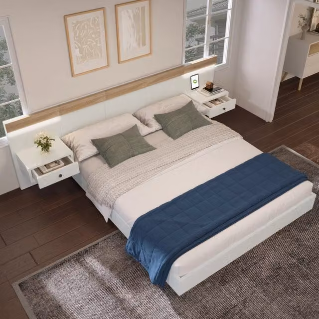 Letto matrimoniale moderno con 2 comodini, illuminazione LED e porte di ricarica USB e USB-C, colore bianco e rovere Sonoma, L/P: 180 x 200 cm