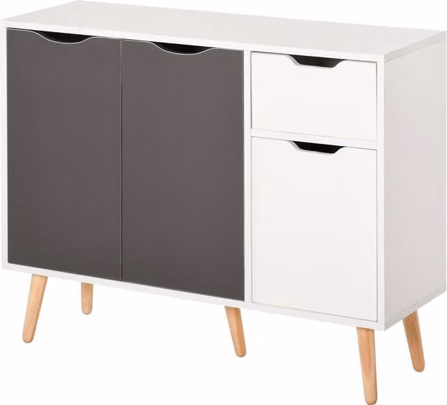 Credenza HOMCOM con 3 ante e cassetto, mobile contenitore moderno per soggiorno, cucina o camera da letto, Bianco e Grigio, L 90 cm x P 30 cm x H 72 cm