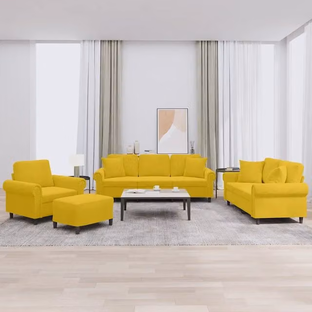 Set di divani moderno vidaXL in velluto giallo composto da divano a 3 posti, divano a 2 posti, pouf e cuscini per il tuo soggiorno