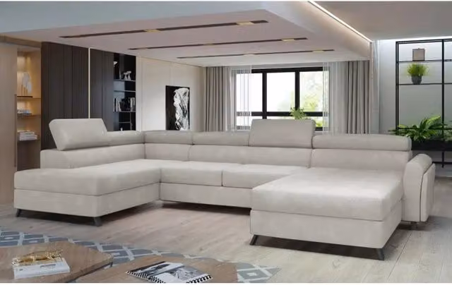 Divano angolare a U Meublorama CLOTIS Beige con funzione letto e poggiatesta regolabile