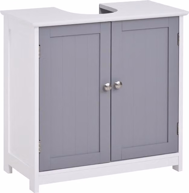 Mobile Sotto Lavabo da Bagno kleankin con Taglio a U, Armadietto a 2 Ante con Mensola Regolabile in MDF, L/P/H: 60 x 30 x 60 cm, Bianco e Grigio