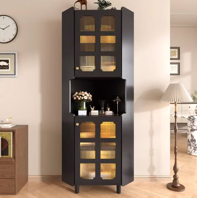 Credenza angolare moderna nera con finitura laccata e illuminazione LED integrata in MDF L/P/H: 157.5 x 63.5 x 63.5 cm