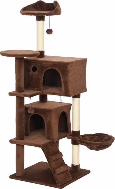 Tiragraffi per Gatti PawHut Marrone con Amaca, Grotte, Scala e Pali in Sisal, Altezza: 140 cm