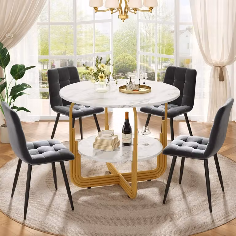 Set da pranzo MIVRAY composto da tavolo rotondo in MDF effetto marmo e 4 sedie in velluto grigio con dettagli oro, L/P/H: 120 x 120 x 76 cm