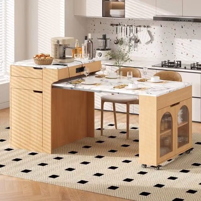 Tavolo allungabile Mivray moderno con prese integrate, 2 cassetti e ruote in MDF e vetro trasparente L/P/H: 55-153 x 80 x 93 cm