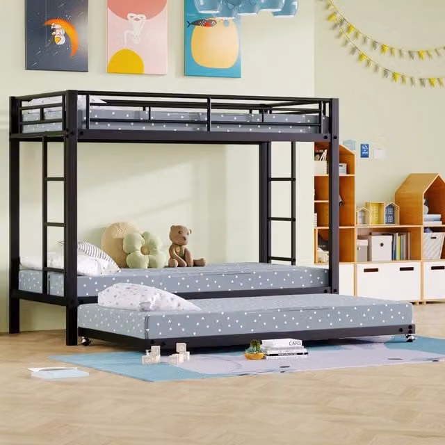 Letto a castello in metallo con letto estraibile, sponde alte e doghe, nero, L/P/H: 90 x 200 x 112 cm