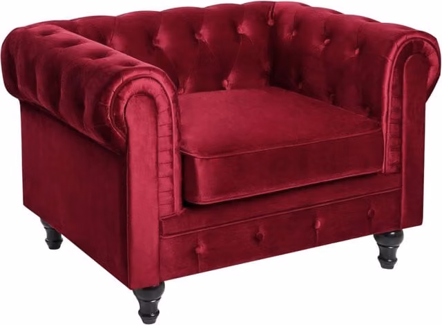 Poltrona Chesterfield Beliani in Velluto Rosso con Gambe in Legno di Gomma