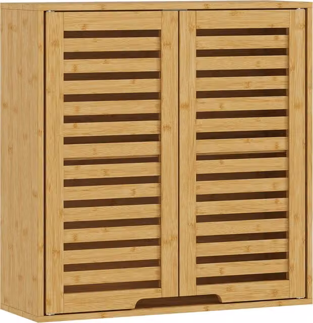 Pensile da bagno HOMCOM in bambù con ante a persiana e ripiano interno regolabile, colore marrone, L 60 cm x P 20 cm x H 60 cm