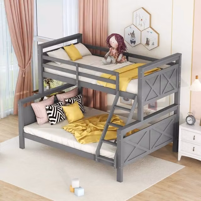 Letto a castello MIVRAY trasformabile in due letti con scala inclinata in legno e MDF grigio, L/P/H: 205 x 90 x 162 cm