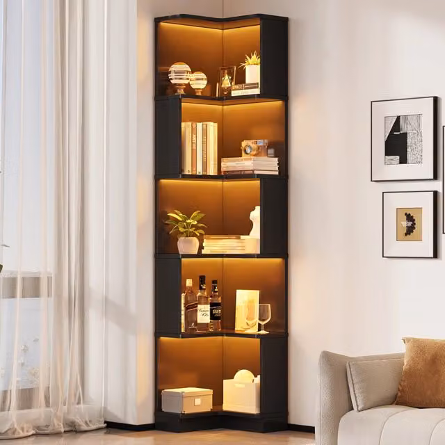 Libreria angolare a L Mivray con 5 ripiani e strisce LED regolabili tramite app, finitura nera opaca in MDF, L 63.5 cm x P 45 cm x H 175 cm