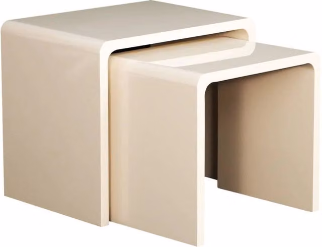 Set di 2 tavolini impilabili SWEEEK con top incastrati, finitura lucida beige, design minimalista per soggiorno