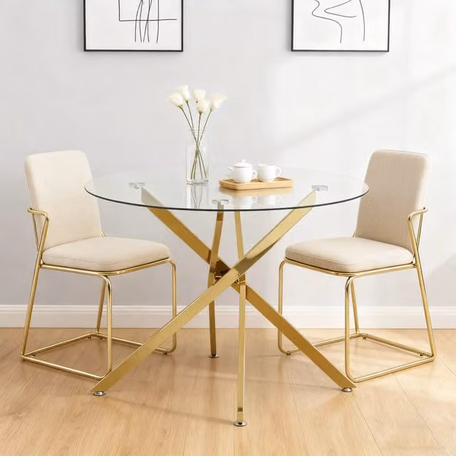 Tavolo da pranzo rotondo OKWISH con piano in vetro trasparente e base in metallo dorato, ideale per 2-4 persone, L/P/H: 80 x 80 x 76 cm