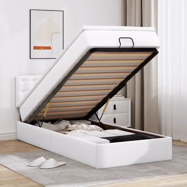 Letto con contenitore a sollevamento e materasso vidaXL in similpelle bianco, L: 200 cm, P: 80 cm, H: 88 cm