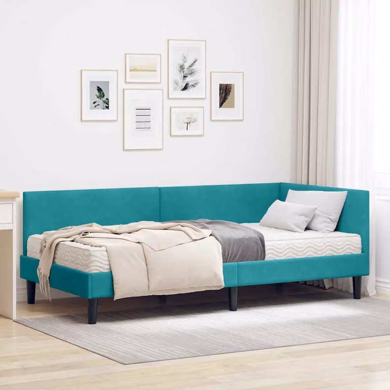 vidaXL Struttura Letto Angolare in Velluto Turchese con 2 Materassi in Schiuma, L/P/H: 190 x 90 x 72 cm