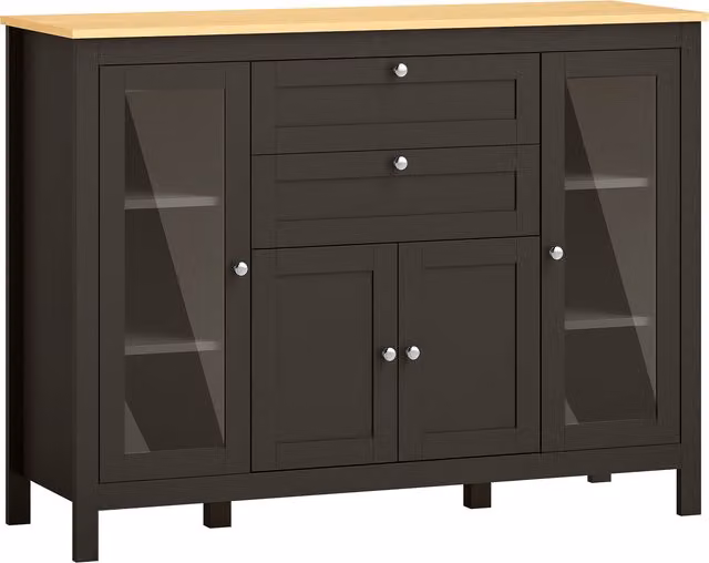 Buffet mobile contenitore HOMCOM con ante in vetro e 2 cassetti, colore nero, L/P/H: 120 x 40 x 90 cm