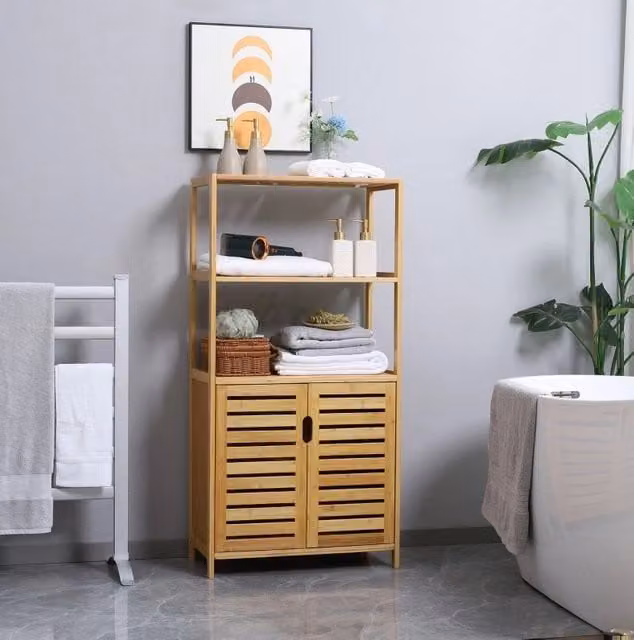 Mobile bagno MODFU in bambù naturale marrone con ante a battente e ripiani interni, L 60 cm x P 30 cm x H 120 cm