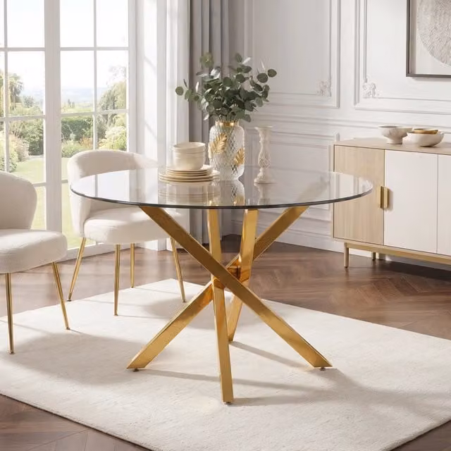 Tavolo da pranzo rotondo OKWISH in vetro trasparente con base a X in metallo oro per soggiorno e cucina L: 80 cm, P: 80 cm, H: 75 cm
