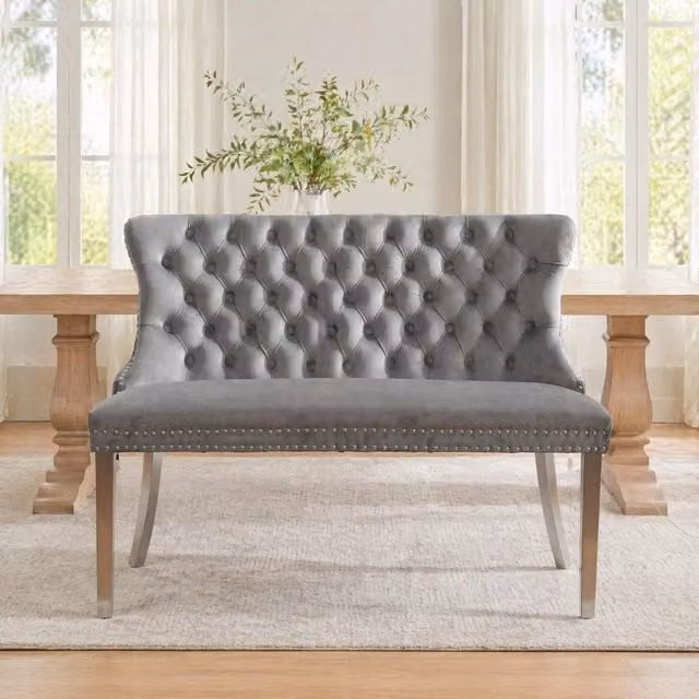 Panca da pranzo OKWISH a 2 posti in velluto grigio con gambe in metallo opaco in stile mid-century