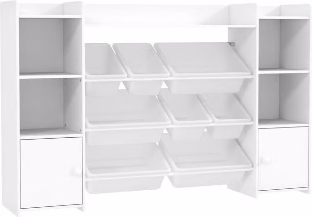 Scaffale Portagiochi AIYAPLAY per Bambini con 8 Contenitori Rimovibili e Armadietti, Bianco, L 140 x P 30 x H 90 cm