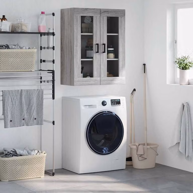 Mobile a parete vidaXL moderno in legno e vetro con ante in vetro, Grigio Sonoma, L: 69,5 cm, P: 34 cm, H: 90 cm