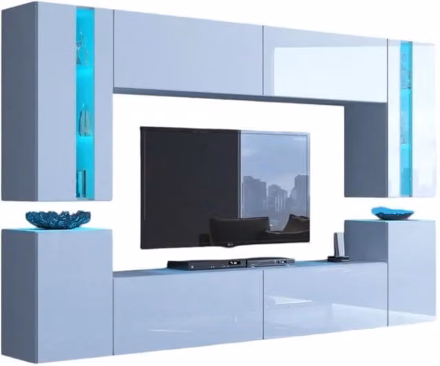 Set di mobili da soggiorno sospesi Meublorama collezione CEPTO XXIV, 8 moduli bianchi con finitura lucida e illuminazione LED integrata, L: 256 cm