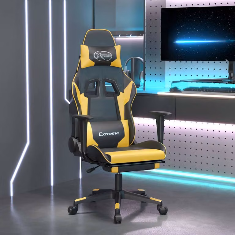 Sedia da Gaming vidaXL con Poggiapiedi, Rivestimento in Similpelle, Colore Nero e Oro