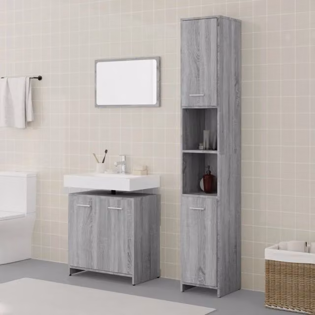 Set Mobili da Bagno Moderno vidaXL in Grigio composto da Mobile Lavabo, Pensile con Specchio e Armadietto Alto