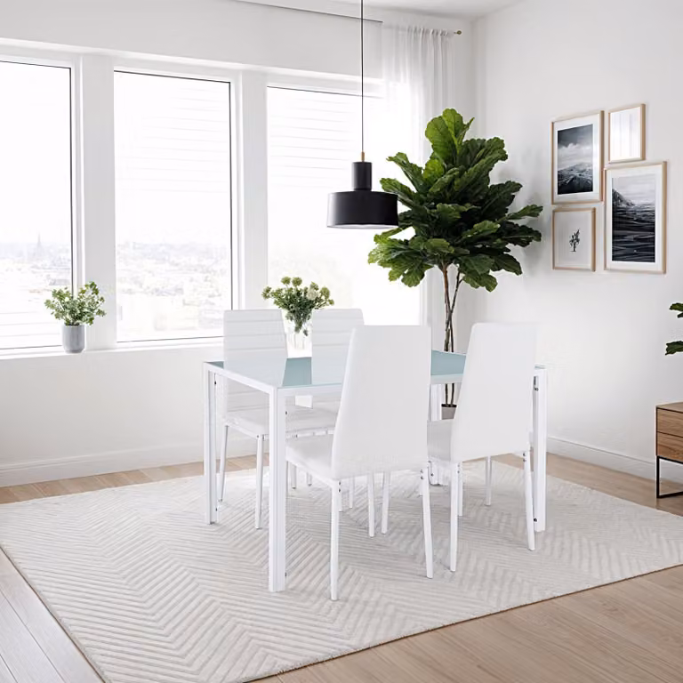 Set da pranzo moderno TecTake GmbH Berlino con tavolo rettangolare in vetro e 5 sedie, bianco