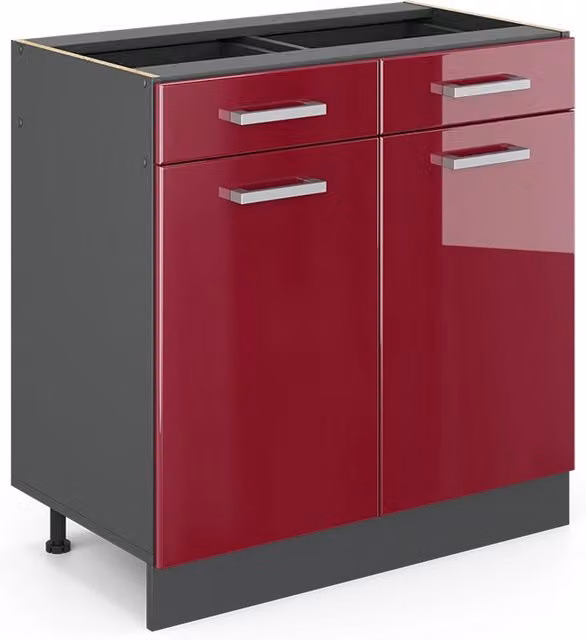 Mobiletto base per cucina Vicco R-Line Rosso lucido e Antracite con ante e cassetti senza piano di lavoro