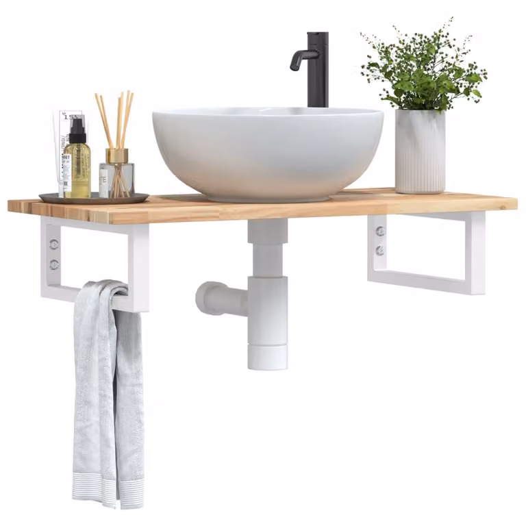 vidaXL Ripiano a Parete per Lavabo in Accacia e Acciaio, Marrone e Bianco
