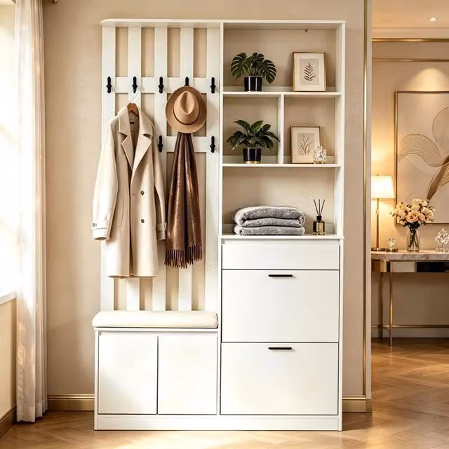 Set di mobili da ingresso Mivray con panca imbottita, 10 ganci e scarpiere in MDF bianco opaco L/P/H: 120 x 30 x 200 cm