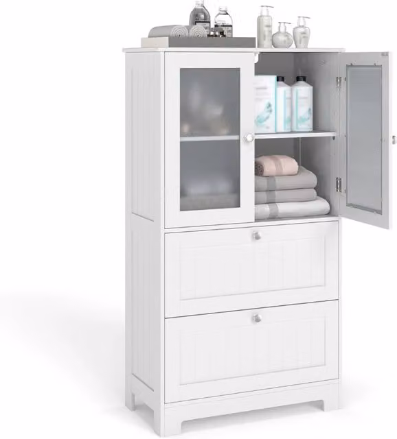 Armadietto autoportante moderno bianco con ante in vetro e ripiani interni per cucina, bagno o soggiorno L/P/H: 60 x 30 x 108 cm