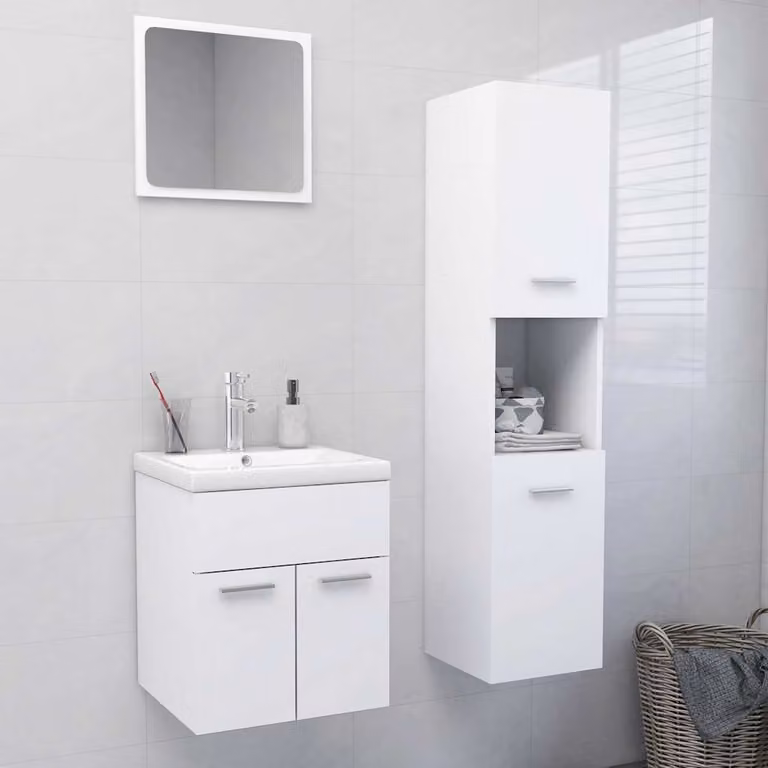 Set Mobili da Bagno Moderno vidaXL Bianco in MDF con Mobile Lavabo, Colonna e Armadietto Specchio a Parete