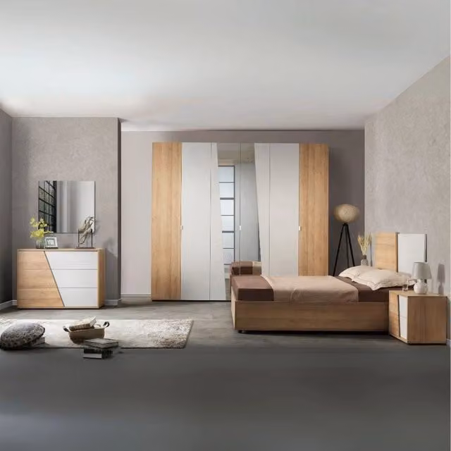 Set camera da letto moderna Fadri Veriaffari in legno massello rovere e metallo, colore rovere miele e grigio, composta da letto, armadio, cassettiera con specchio e comodino
