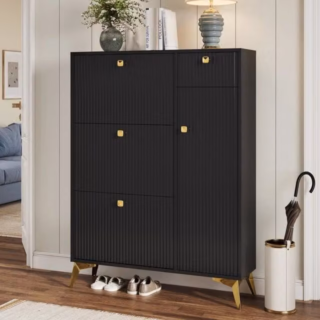 Scarpiera moderna nera con sportelli ribaltabili e cassetti per ingresso, sospesa a parete, L: 121 cm, H: 90 cm, P: 25 cm