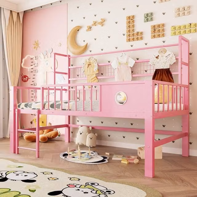 Letto a soppalco basso per bambini WISHDOR in metallo e MDF rosa con ripiani laterali e design moderno L/P/H: 204 x 90 x 125,5 cm