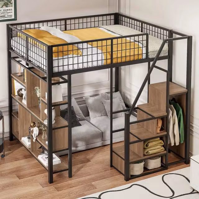 Letto a soppalco MIVRAY in metallo e legno nero con scala contenitore e ripiani laterali, L/P/H: 200 x 140 x 193 cm