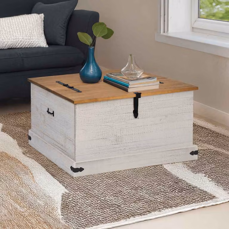 Cassapanca HALDEN vidaXL in legno massello di pino, colore bianco, L 91 cm x P 91 cm x H 47 cm