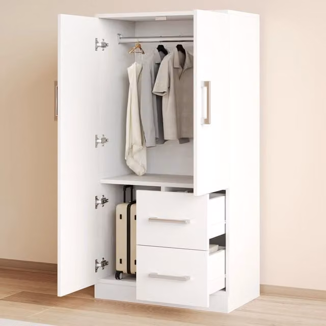 Armadio per cameretta Elvmi con due ante, cassetti interni e appendiabiti, bianco e marrone, L: 70 cm, P: 40 cm, H: 135 cm